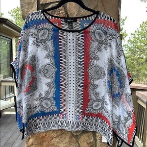 STYLE & CO. Red Blue White Black Boxy Oversized Short Sleeve Sheer Poncho Blouse